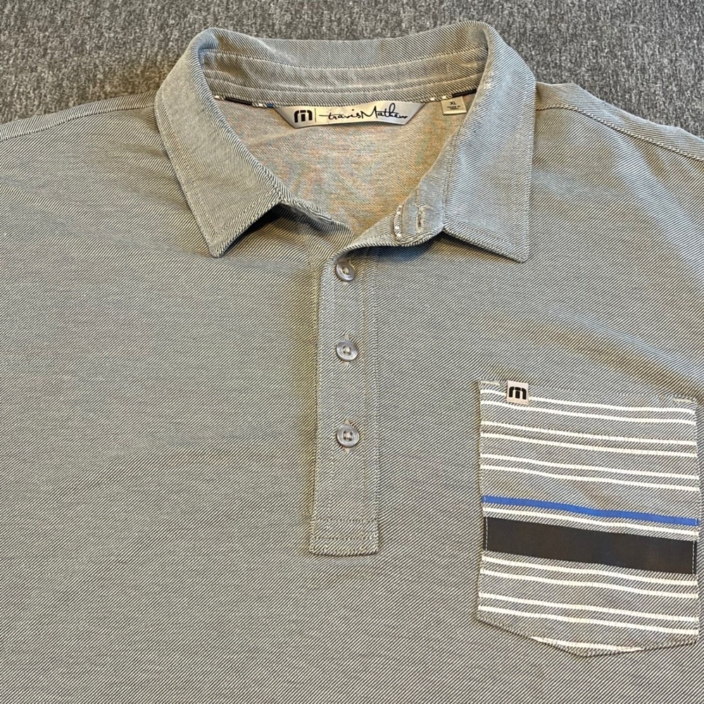 Travis Mathew Golf Polo Shirt Striped Pocket Gray Casual‎ XL